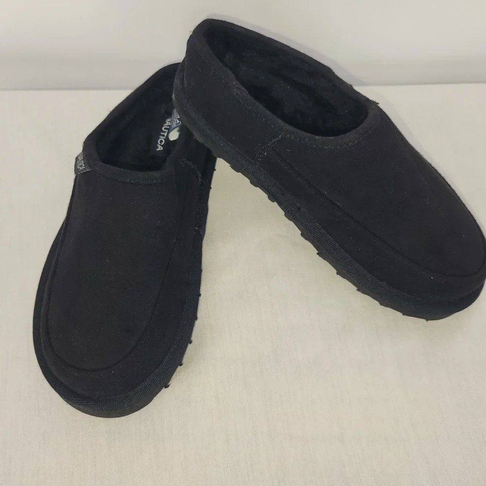 Nautica Kids Black Faux Fur Lined‎ Slip On Moccasin Slippers